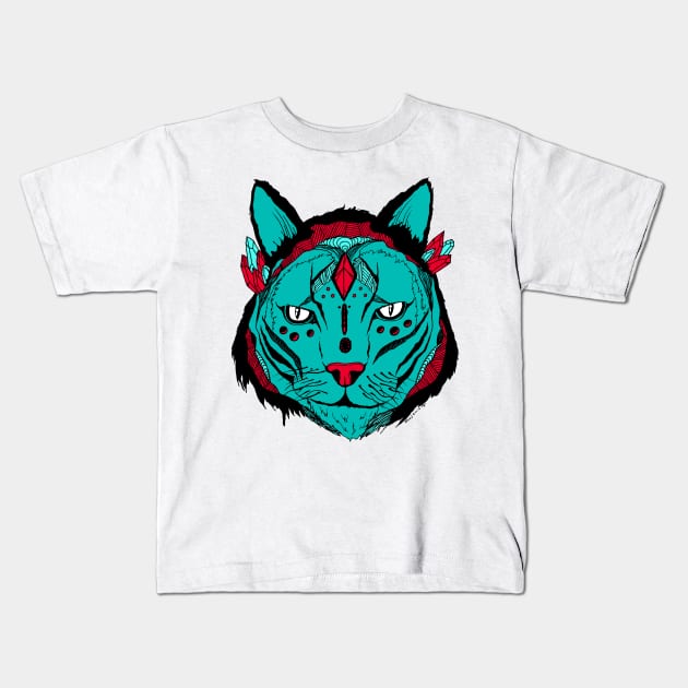 Turqred Mystical Tribal Cat Kids T-Shirt by kenallouis